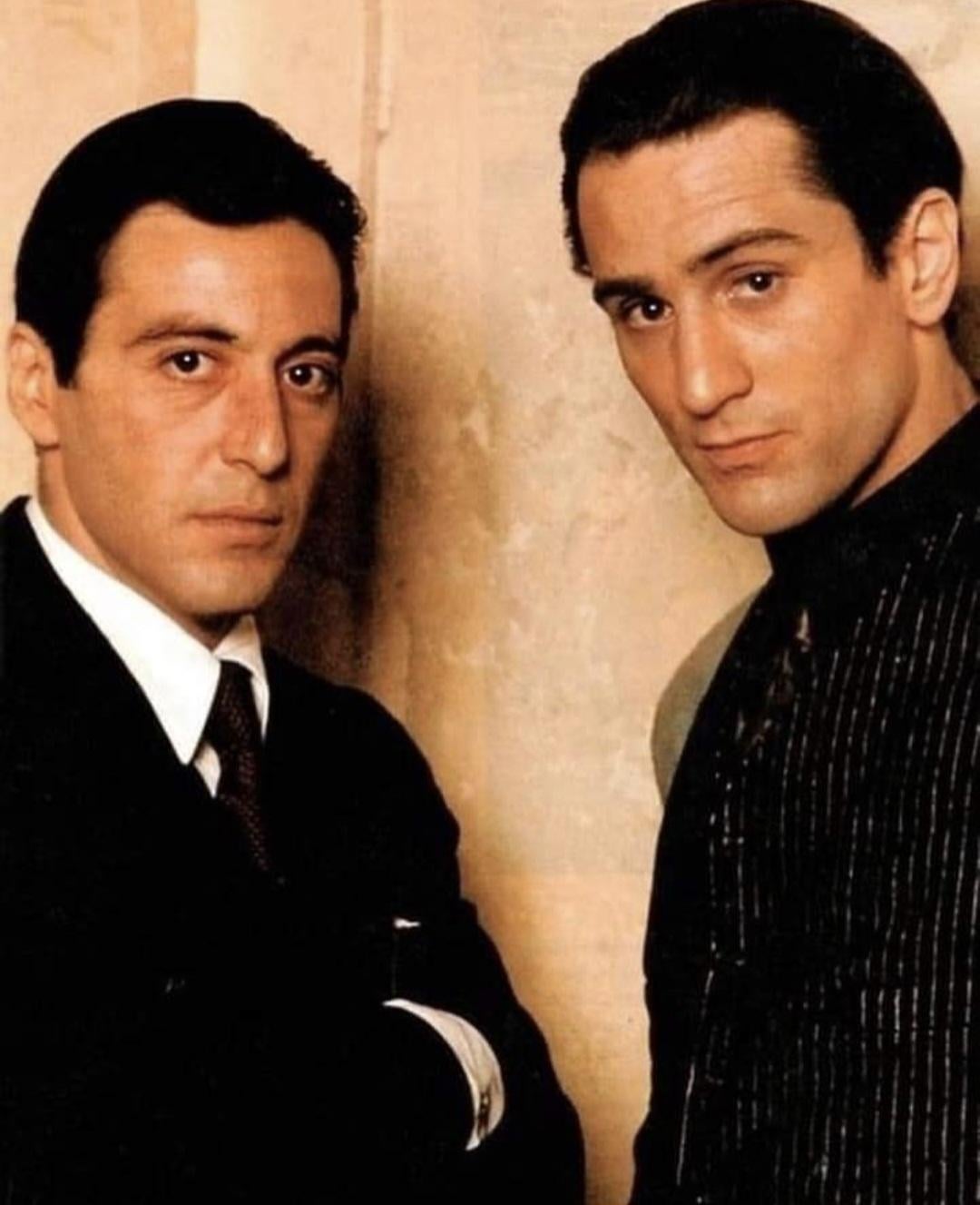 Al Pacino and Robert De Niro on the set of The Godfather Part II ( 1974